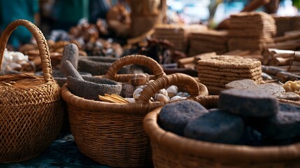 Obraz premium Woven baskets filled with assorted dried goods and spices arranged on a market stall surface