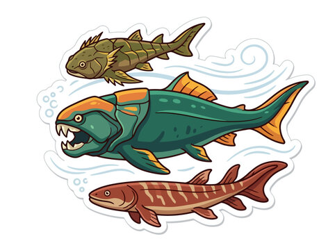 Illustration of three prehistoric placoderm fish including Dunkleosteus swimming together.