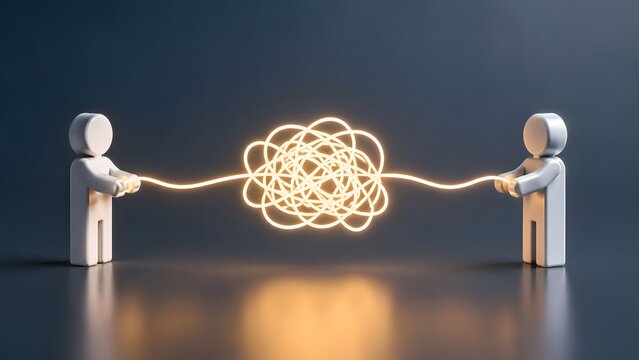 Problem solving concept featuring two figures pulling a glowing tangled wire symbolizing conflict resolution and teamwork