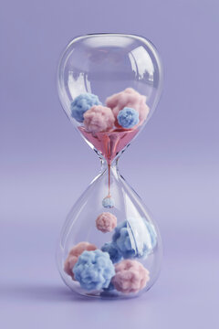 Glass hourglass filled with colorful abstract floral shaped sand on purple background hourglass abstract countdown conceptual creative decoration ornament minimalist