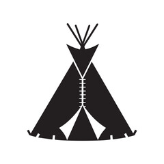 Black silhouette of a traditional native american tipi tent, cultural icon of indigenous heritage, tribal housing, nomadic lifestyle, historic shelter, simple graphic design on white background. © Neloy