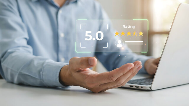 Man using laptop with digital five star customer rating review interface customer feedback satisfaction business technology interface marketing experience consumer performance evaluation