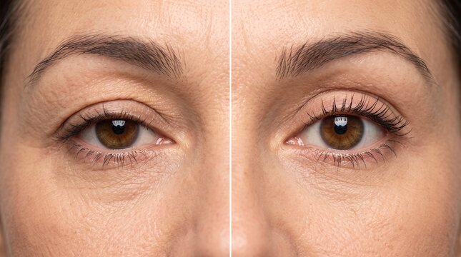Before and after heavy hooded eyelid lift and skin firming