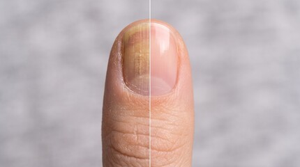 Before and after yellow stained nail to healthy pink fingernail 