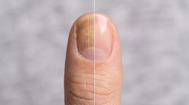Before and after yellow stained nail to healthy pink fingernail	