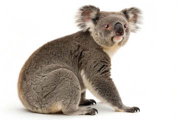 A koala sitting on a white background, showing its gray fur, round fluffy ears, and large nose. © musa