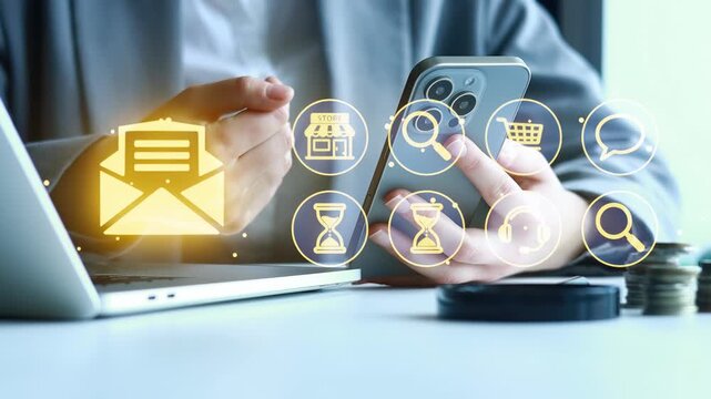 A person is sitting at a desk with a laptop open in front. They are holding a smartphone and looking at various icons. The scene shows elements related to digital tools and communication.