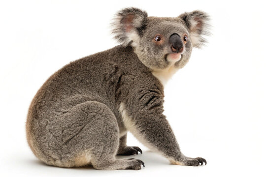A koala sitting on a white background, showing its gray fur, round fluffy ears, and large nose.