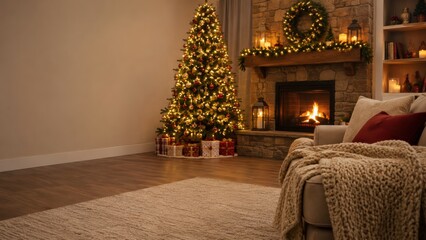 Fototapeta premium cozy living room features a decorated Christmas tree, wrapped presents, a lit fireplace, and warm holiday decorations creating a festive ambiance.