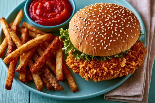 Crispy chicken sandwich combo with rustic fries and tomato sauce on aqua plate