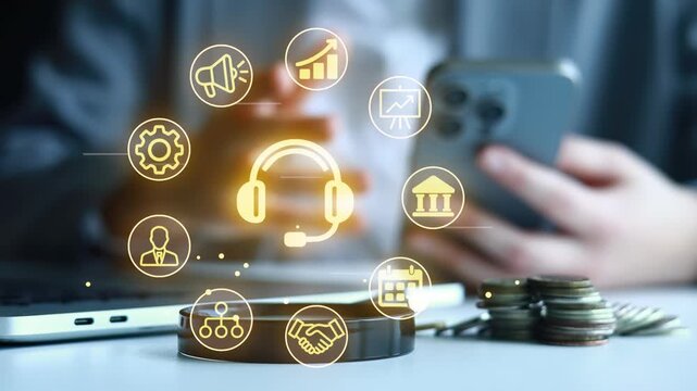 A business person is sitting at a desk using a smartphone while various financial icons float around. There is also a laptop and some coins on the desk indicating a work setting.