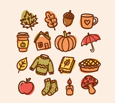 Cute hand drawn autumn doodle icon set with cozy seasonal elements. Perfect for fall stickers, planners, greeting cards, branding, scrapbooking, and creative vector projects