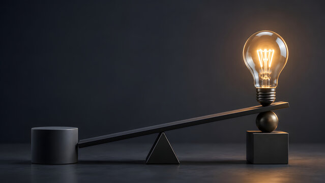 Glowing lightbulb balancing on black seesaw over geometric dark cylinder. Concept of corporate risk management, investment strategy, and business leadership.