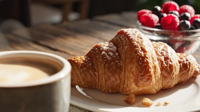 Fresh croissant with coffee and berries on a wooden table