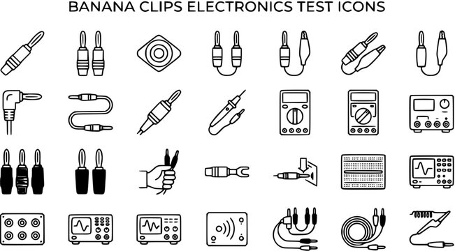 Electronics Test Equipment and Electrical Connectors Outline Icons Set. Electrical Engineering Line Art Glyphs for Banana Clips, Multimeters, Oscilloscopes, Probes, and Cables.