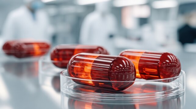 Close-Up of Red Capsules in Laboratory Setting with Blurred Background of Healthcare Professionals Working on Pharmaceutical Development