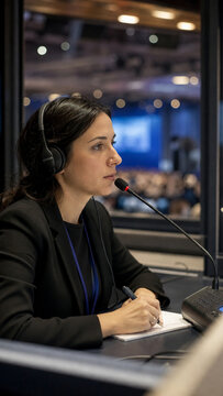 Focused female interpreter wearing a headset and taking notes while speaking into a microphone in a professional conference booth.