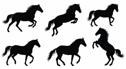 Black silhouettes of running horses in motion. © MASJAB