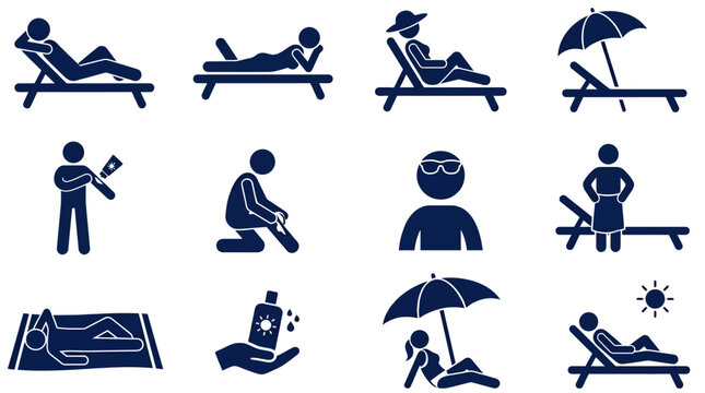 Summer vacation and sunbathing activity icons