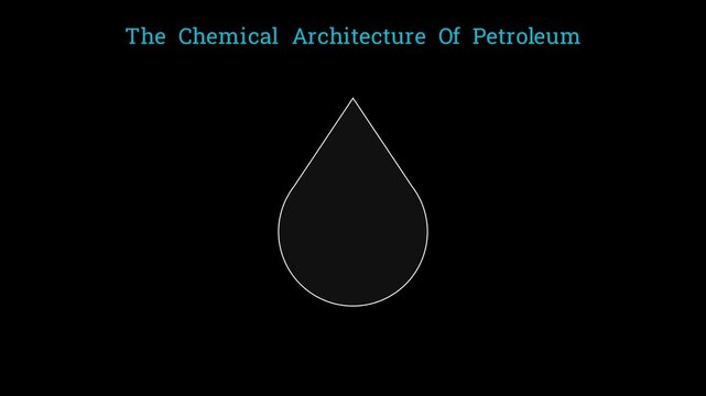 2D chemistry animation showing the molecular composition of crude oil with alkanes and aromatic hydrocarbons moving dynamically in a complex mixture.