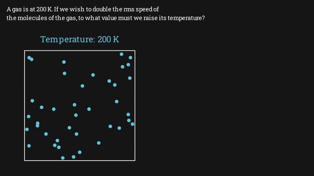 2D physics animation showing heat transfer into an ideal gas container causing rapid particle acceleration and rising temperature, scientific thermodynamics simulation