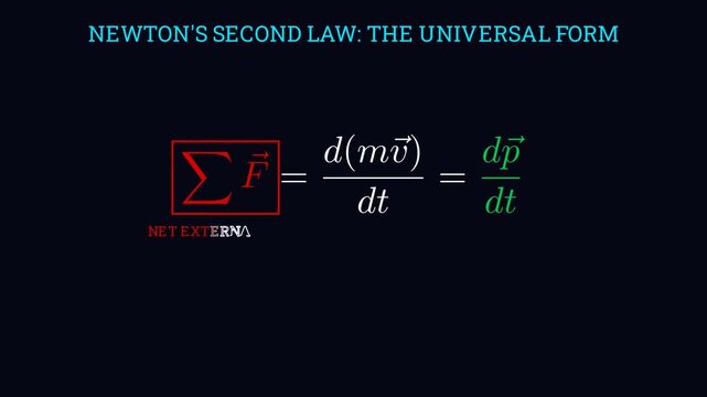2D physics animation showing the generalized form of Newton's second law of motion with variable mass and rate of momentum change vectors