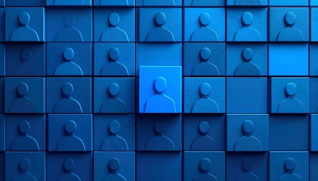 Highlighted blue user profile within a monochrome grid, illustrating candidate identification, recruitment strategy, talent management, and human resources concepts.
