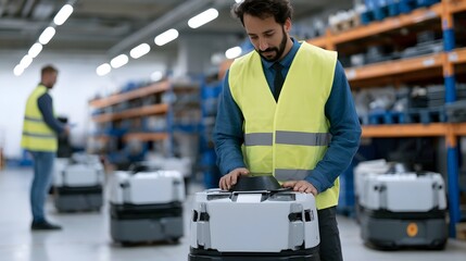 Fototapeta premium A warehouse worker in a safety vest interacts with an autonomous mobile robot among rows of storage racks