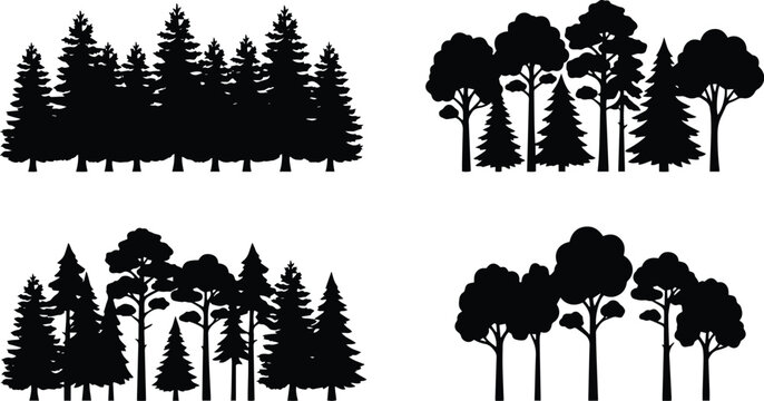 Forest Tree Silhouette Collection, Pine and Deciduous Woodland Landscape Black Vector EPS Set Isolated on White Background