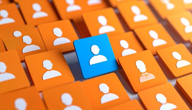 Distinct blue profile card featured among orange user icons, representing talent identification, personnel selection, recruitment process, and human resources.