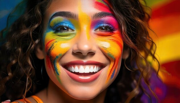 Smiling woman with colorful face paint.