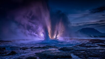 Fototapeta premium Dramatic Nighttime Geyser Eruption Under Glowing Milky Way Galaxy Sky.