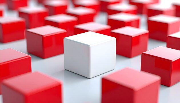 Minimal white cube centered among red cubes, illustrating individuality, business positioning, strategic planning, and organizational distinction.