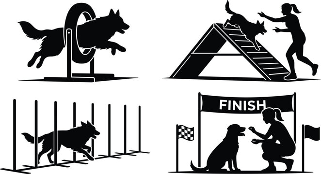 Set of black silhouette vector illustrations representing dog agility training and competition