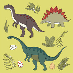 Hand drawn dinosaur vector set, cute prehistoric animals with stegosaurus and brachiosaurus, nursery illustration with dinosaur eggs and tropical leaves © designstick520