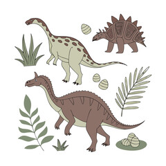Hand-drawn dinosaur vector set, prehistoric animals with stegosaurus and brachiosaurus, earth tone dino illustrations for nursery decor and kids branding © designstick520