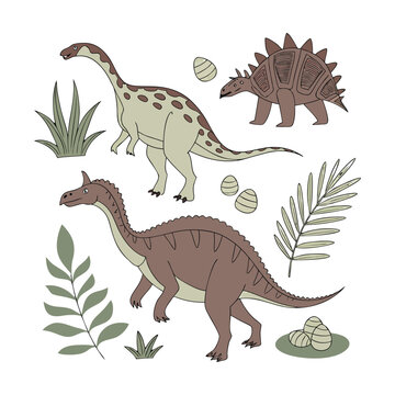 Hand-drawn dinosaur vector set, prehistoric animals with stegosaurus and brachiosaurus, earth tone dino illustrations for nursery decor and kids branding