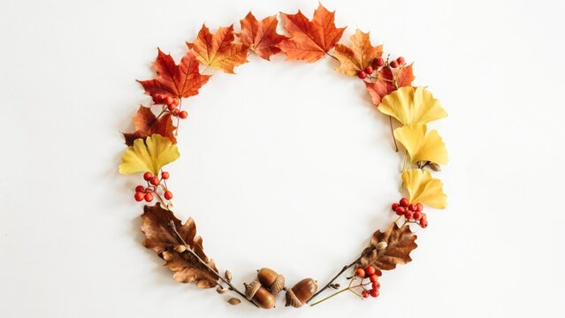 Autumn wreath made of maple leaves oak leaves ginkgo leaves acorns and berries arranged in circle on white background seasonal decor.