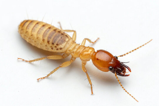 An extreme closeup of a termite with a large amber head