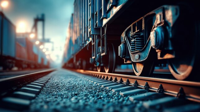 Close-Up View of Train Wheels on Rails at Dusk with a Soft Blue and Orange Glow from Surrounding Lights and Train Containers in the Background