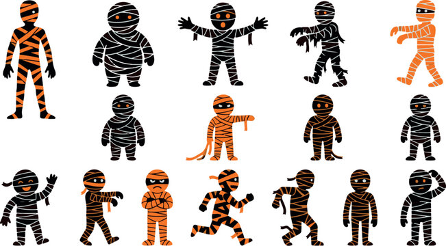 Set of cute mummy characters in various poses for halloween party decorations and festive graphic design projects