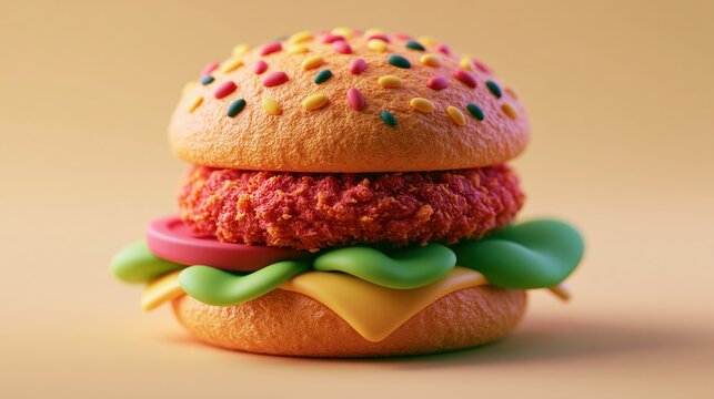 Stylized chicken burger with exaggerated crunchy texture and soft rounded forms