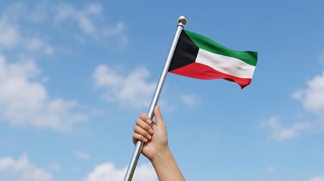 Hand holding the national flag of Kuwait against a clear blue sky with white clouds