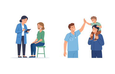 Fototapeta premium Doctor examining patient and friendly male pediatrician giving high five to happy child