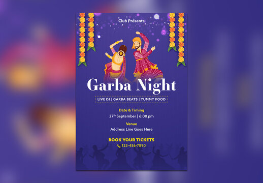 Editable Navratri Garba Night Festival Invitation Flyer Template with Indian Couple Playing Garba Illustration on Violet Background and Venue Details.