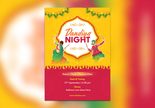 Editable Navratri Dandiya Nights Festival Invitation Flyer Template with Indian Couple Playing Dandiya Together and Venue Details on Yellow and Red Background.