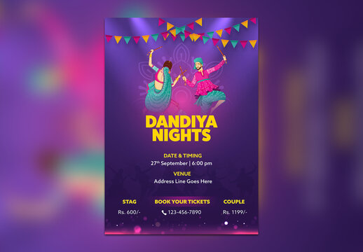Editable Navratri Dandiya Nights Festival Invitation Flyer Template with Indian Couple Playing Dandiya Together and Venue Details on Purple Background.