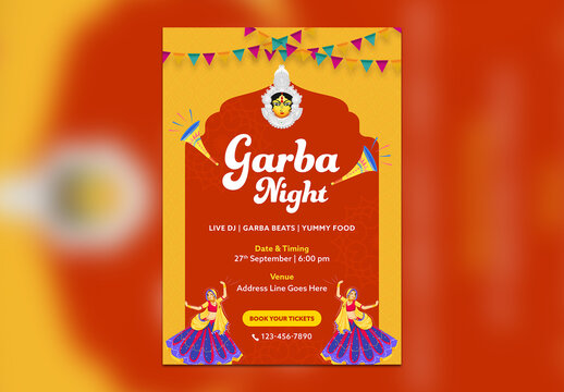 Editable Navratri Garba Night Festival Invitation Flyer Template with Goddess Durga Illustration and Indian Women Playing Garba on Red and Yellow Background.