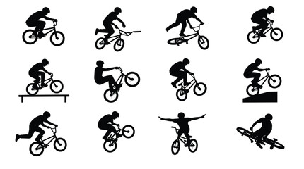 Obraz premium Extreme BMX Riders Silhouettes Performing Dynamic Bicycle Stunts and Tricks