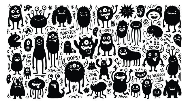 Cute cartoon monster doodle set black line art zine character vector collection